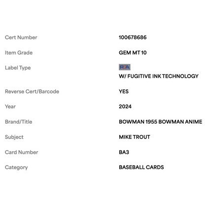 Mike Trout PSA 10 2024 Topps Bowman 1955 Bowman Anime Card #BA3