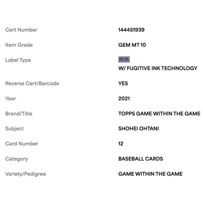 Shohei Ohtani PSA 10 2021 Topps Game Within The Game Card #12