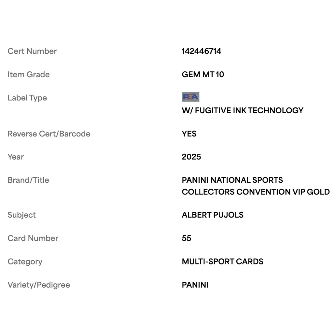 Albert Pujols PSA 10 2025 Panini National Sports Collectors Convention VIP Gold Panini Card #55