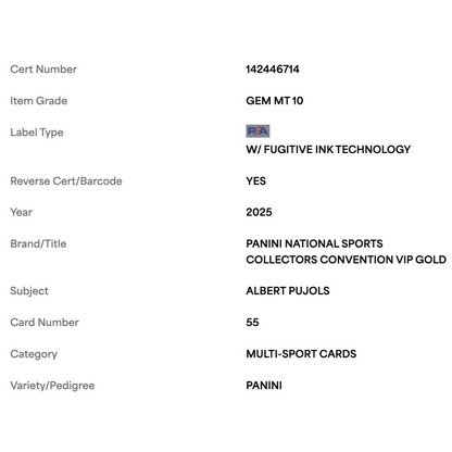 Albert Pujols PSA 10 2025 Panini National Sports Collectors Convention VIP Gold Panini Card #55