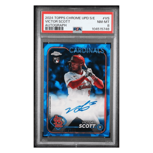 Victor Scott PSA 8 2024 Topps Chrome Update Sapphire Edition Autograph Rookie RC #d/ 199 Card #VS