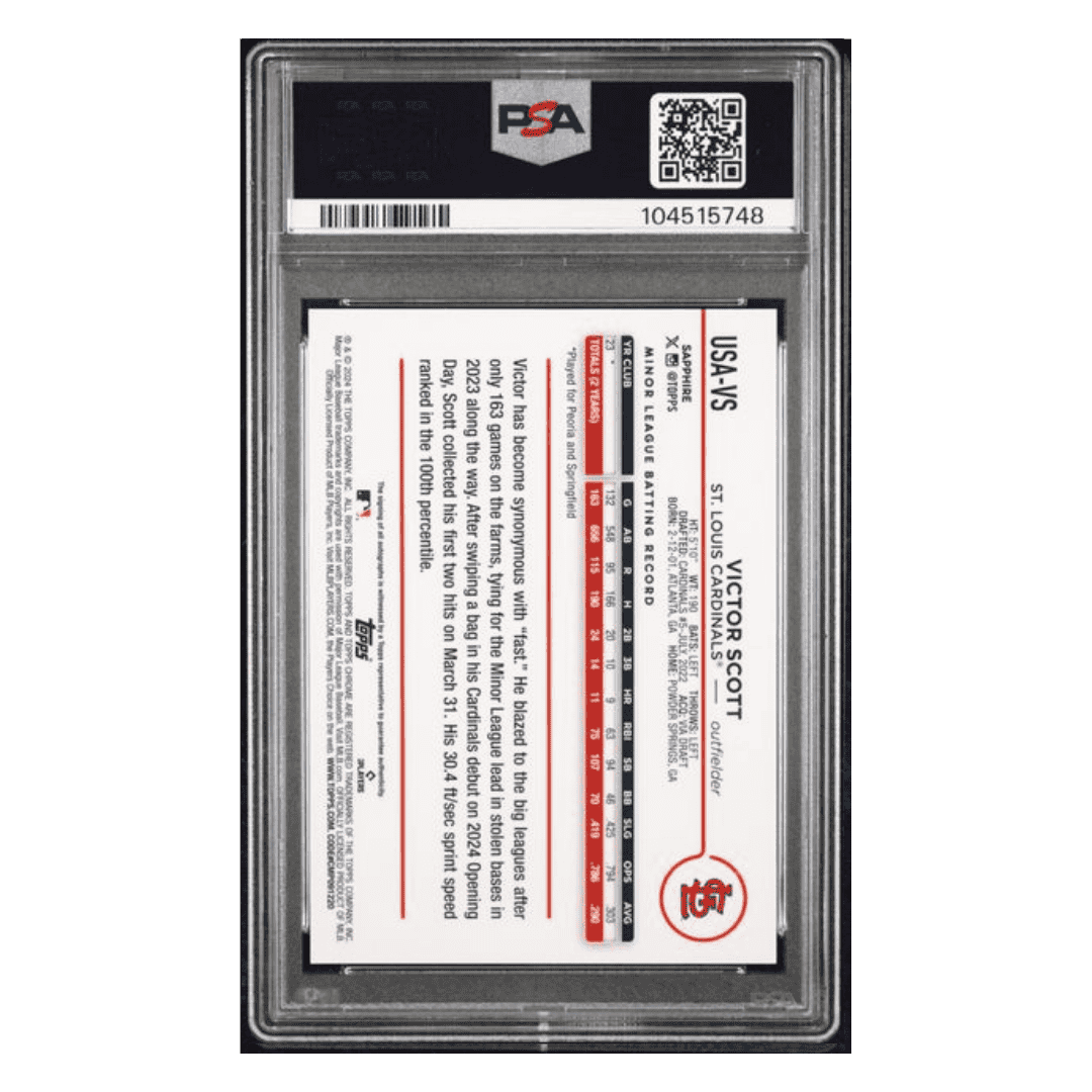 Victor Scott PSA 8 2024 Topps Chrome Update Sapphire Edition Autograph Rookie RC #d/ 199 Card #VS