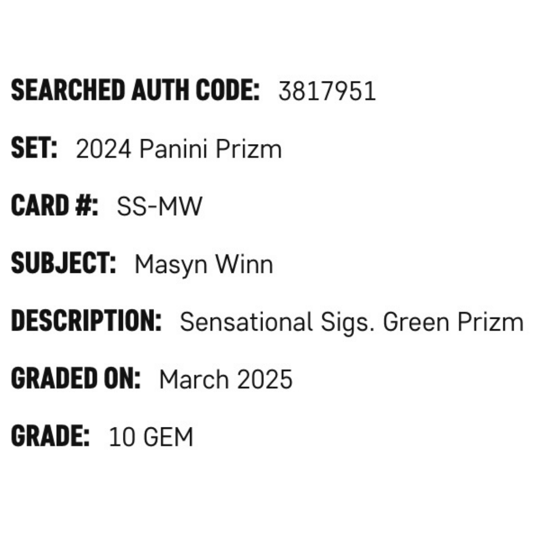Masyn Winn SGC 8 2024 Panini Prizm Sensational Signatures Green Prizm Card #SS-MW