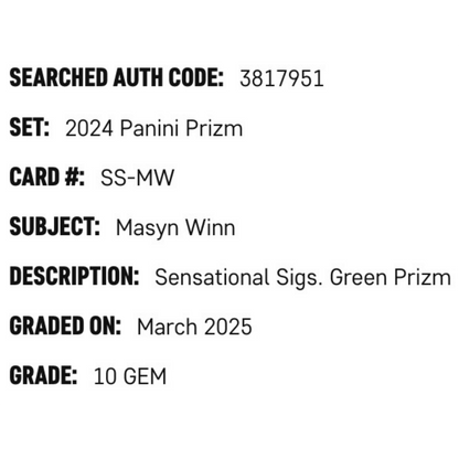 Masyn Winn SGC 8 2024 Panini Prizm Sensational Signatures Green Prizm Card #SS-MW