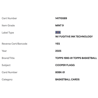 Cooper Flagg PSA 9 2025 Topps 1980 Topps Basketball Card #80BK-51