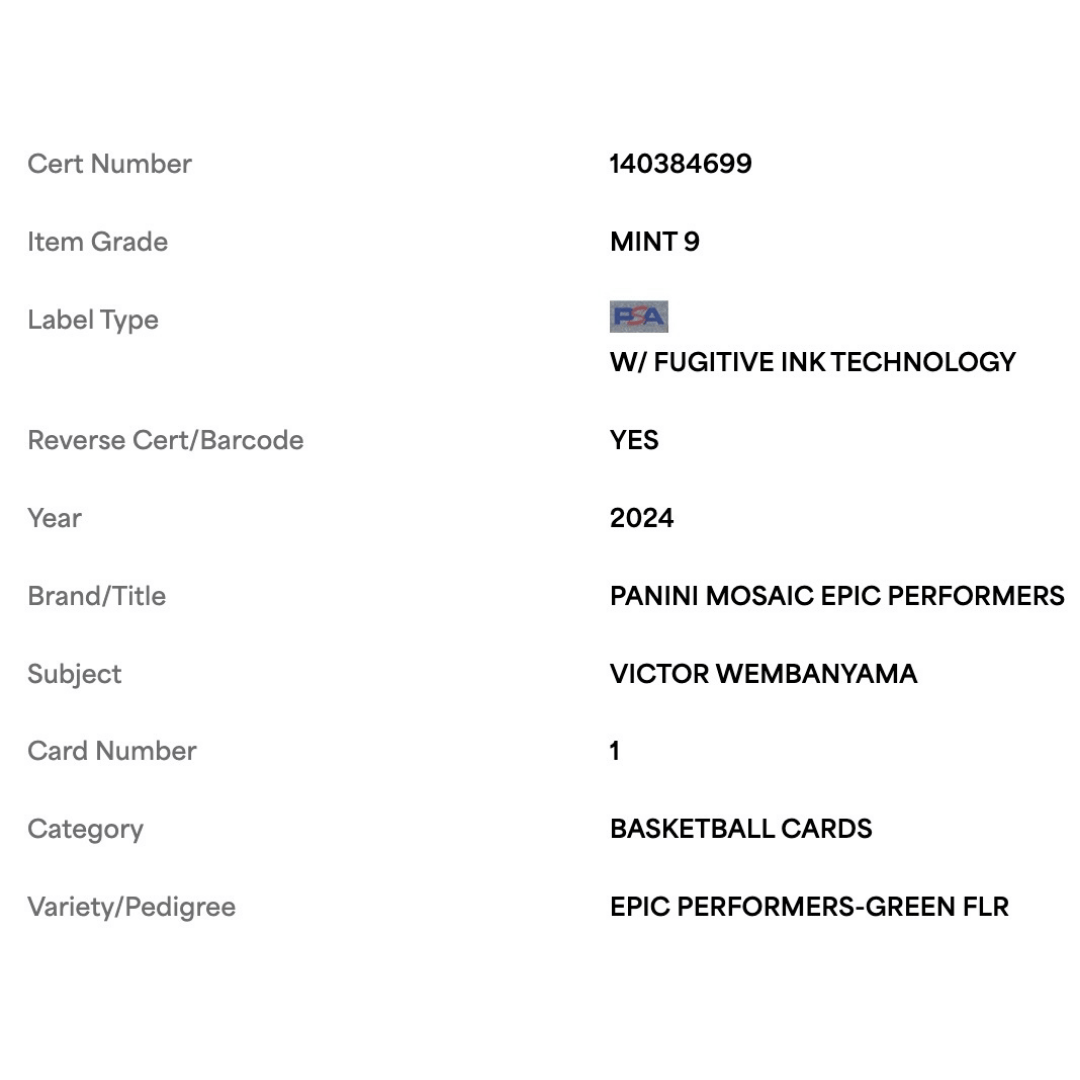 Victor Wembanyama PSA 9 2024 Panini Mosaic Epic Performers Green Flr #d/ 10 Card #1