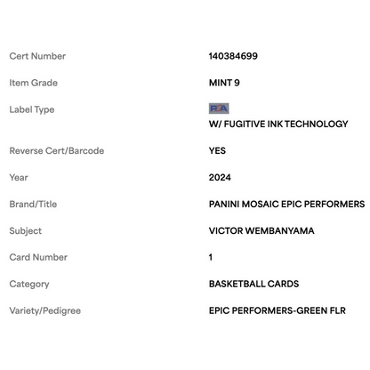 Victor Wembanyama PSA 9 2024 Panini Mosaic Epic Performers Green Flr #d/ 10 Card #1