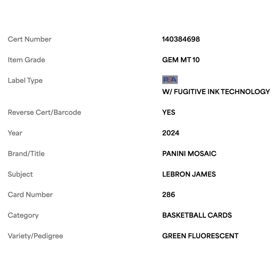 LeBron James PSA 10 2024 Panini Mosaic Green Fluorescent #d/ 10 Card #286