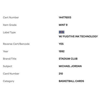 Michael Jordan PSA 9 1992 Topps Stadium Club Card #210