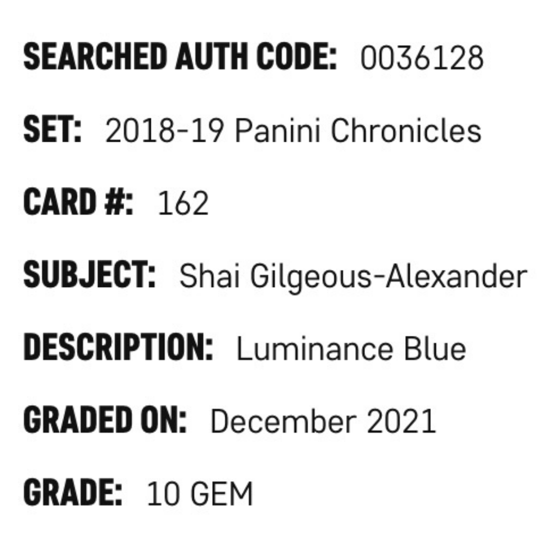 Shai Gilgeous-Alexander SGC 10 2018-19 Panini Chronicles Luminance Blue Rookie RC #d/ 99 Card #162