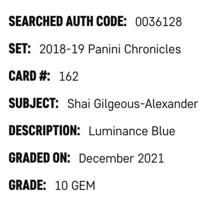 Shai Gilgeous-Alexander SGC 10 2018-19 Panini Chronicles Luminance Blue Rookie RC #d/ 99 Card #162