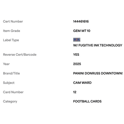 Cam Ward PSA 10 2025 Panini Donruss Downtown! Rookie RC Card #12