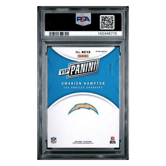 Omarion Hampton PSA 9 2025 Panini National Sports Collectors Convention VIP Gold Red Sparkle Rookie RC #d/ 99 Card #RC12