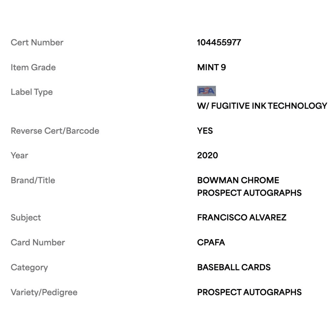 Francisco Alvarez PSA 9 2020 Topps Bowman Chrome Prospect Autographs Card #CPAFA