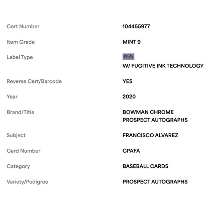 Francisco Alvarez PSA 9 2020 Topps Bowman Chrome Prospect Autographs Card #CPAFA