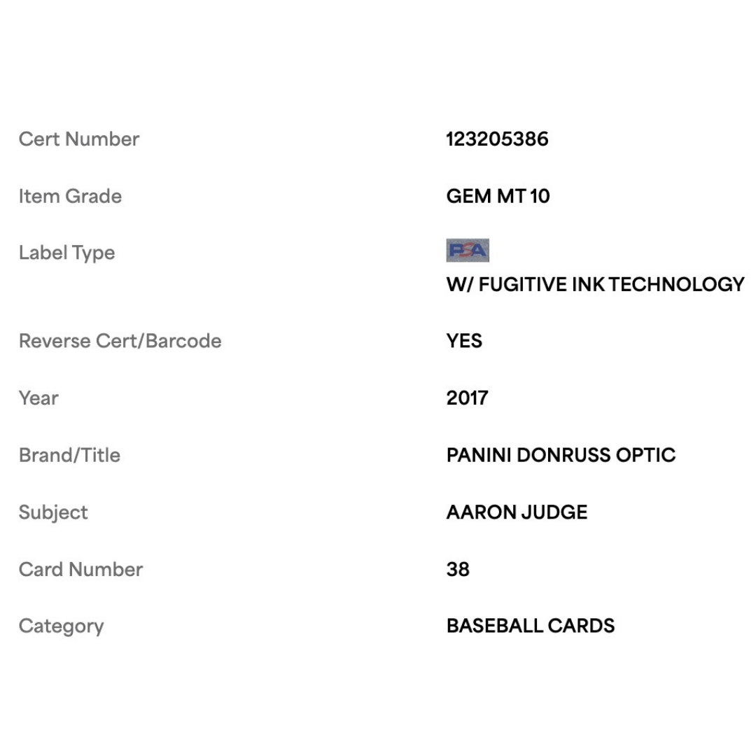 Aaron Judge PSA 10 2017 Panini Donruss Optic Rated Rookie Card #38
