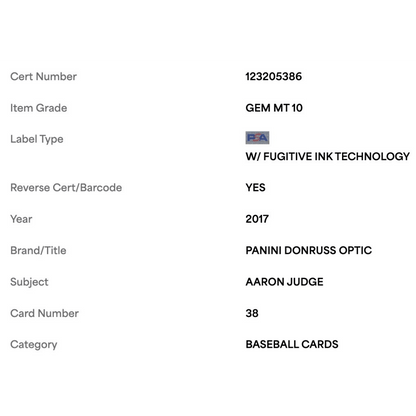 Aaron Judge PSA 10 2017 Panini Donruss Optic Rated Rookie Card #38