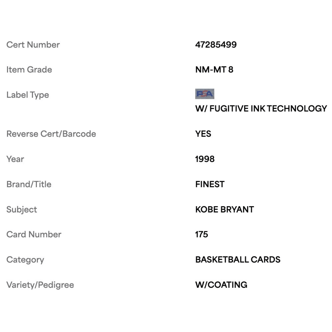 Kobe Bryant PSA 8 1998 Topps Finest w/ Coating Card #175