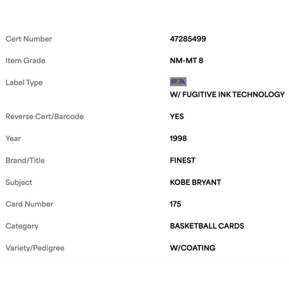 Kobe Bryant PSA 8 1998 Topps Finest w/ Coating Card #175