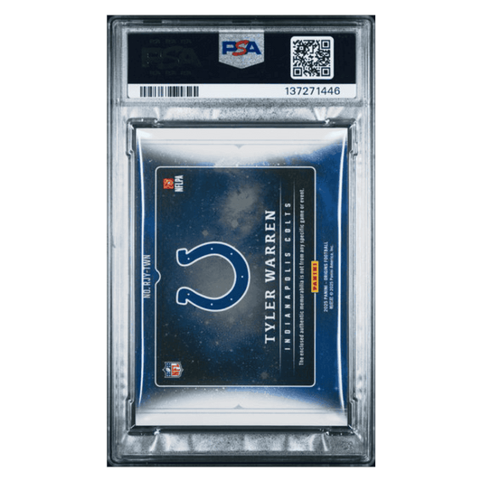 Tyler Warren PSA 8 2025 Panini Origins Rookie Jumbo Jersey Patch Green #d/ 5 Card #RJY-TWN