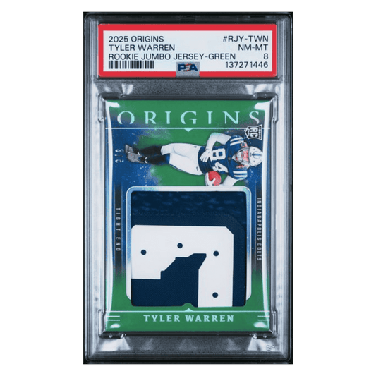 Tyler Warren PSA 8 2025 Panini Origins Rookie Jumbo Jersey Patch Green #d/ 5 Card #RJY-TWN