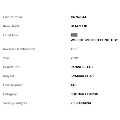 Ja'Marr Chase PSA 10 2022 Panini Select Zebra Prizm Case Hit Card #448