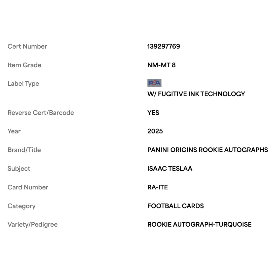 Isaac Teslaa PSA 8 2025 Panini Origins Rookie Autograph Turquoise #d/ 25 Card #RA-ITE