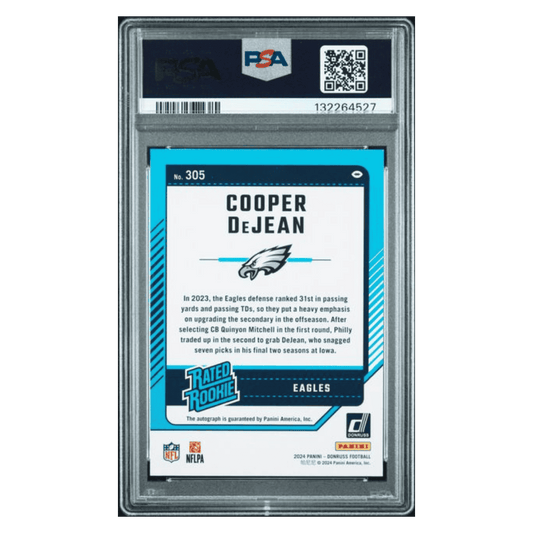 Cooper DeJean PSA 8 2024 Panini Donruss Autograph Green Rated Rookie Card #305