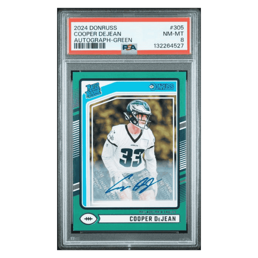 Cooper DeJean PSA 8 2024 Panini Donruss Autograph Green Rated Rookie Card #305