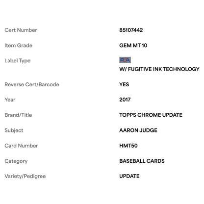 Aaron Judge PSA 10 2017 Topps Chrome Update Rookie RC Card #HMT50