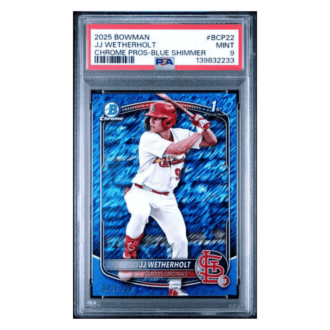 JJ Wetherholt PSA 9 2025 Topps Bowman Chrome Prospects Blue Shimmer #d/ 150 Card #BCP22