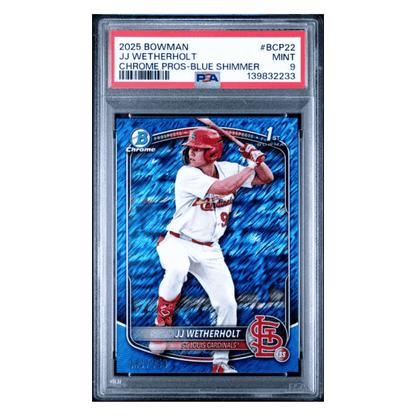 JJ Wetherholt PSA 9 2025 Topps Bowman Chrome Prospects Blue Shimmer #d/ 150 Card #BCP22