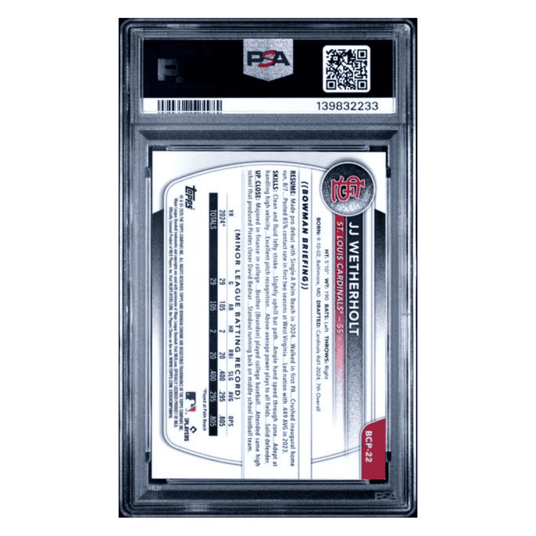 JJ Wetherholt PSA 9 2025 Topps Bowman Chrome Prospects Blue Shimmer #d/ 150 Card #BCP22