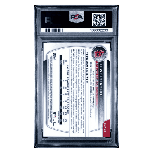 JJ Wetherholt PSA 9 2025 Topps Bowman Chrome Prospects Blue Shimmer #d/ 150 Card #BCP22