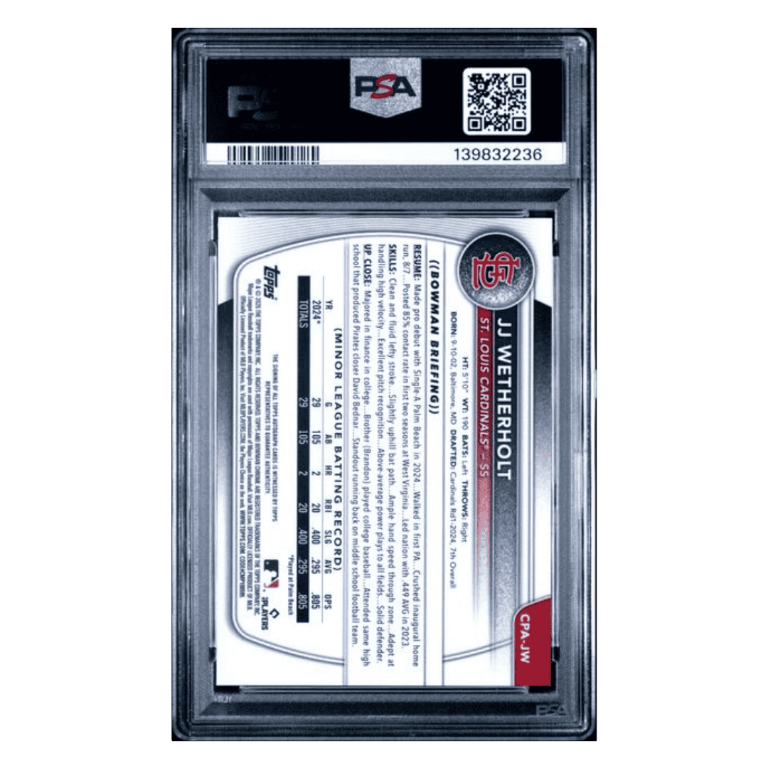 JJ Wetherholt PSA 10 2025 Topps Bowman Chrome Prospects Certified Autograph Series Card #CPAJW