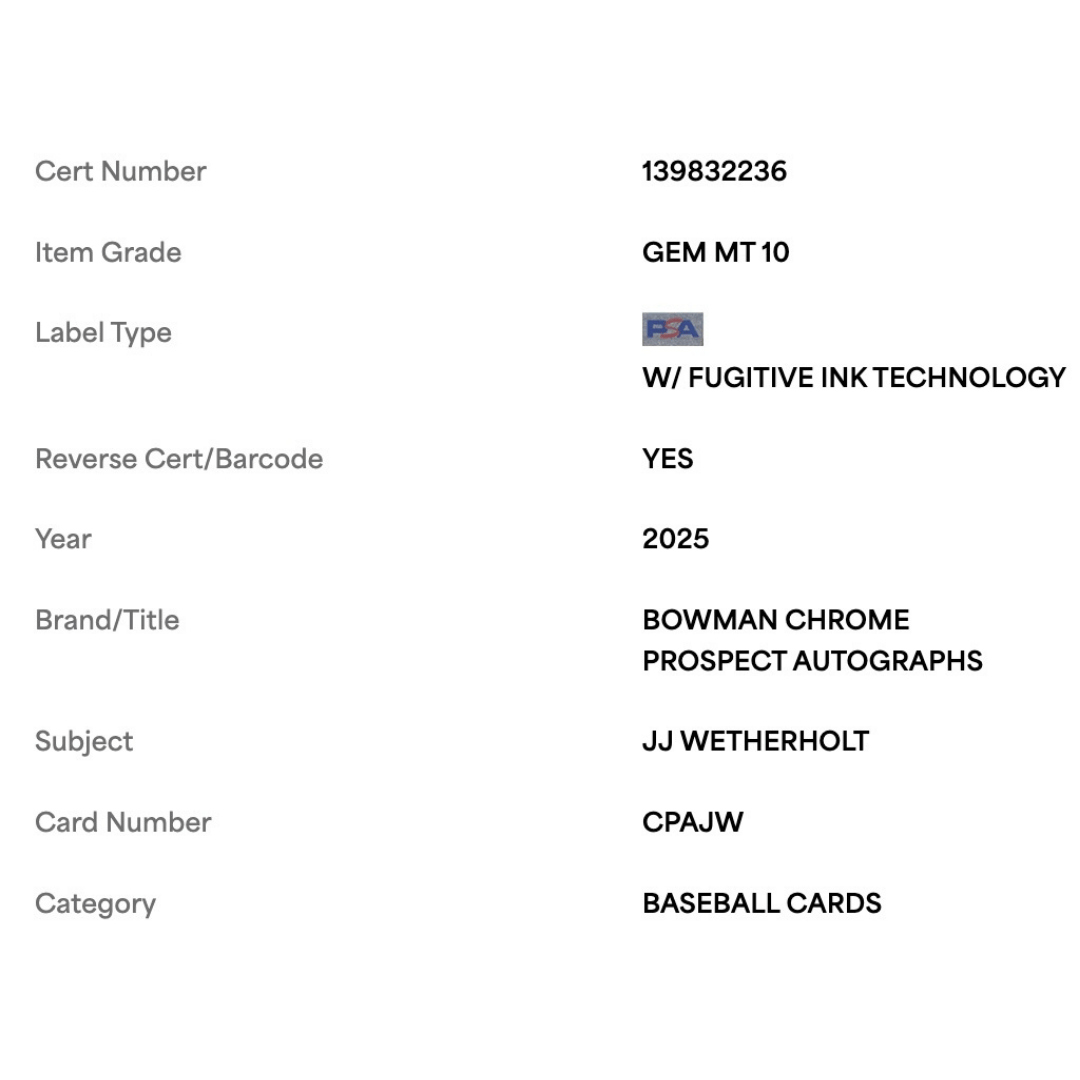 JJ Wetherholt PSA 10 2025 Topps Bowman Chrome Prospects Certified Autograph Series Card #CPAJW