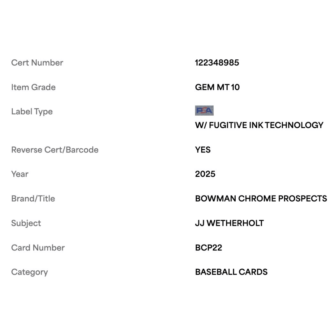 JJ Wetherholt PSA 10 2025 Topps Bowman Chrome Prospects Card #BCP22