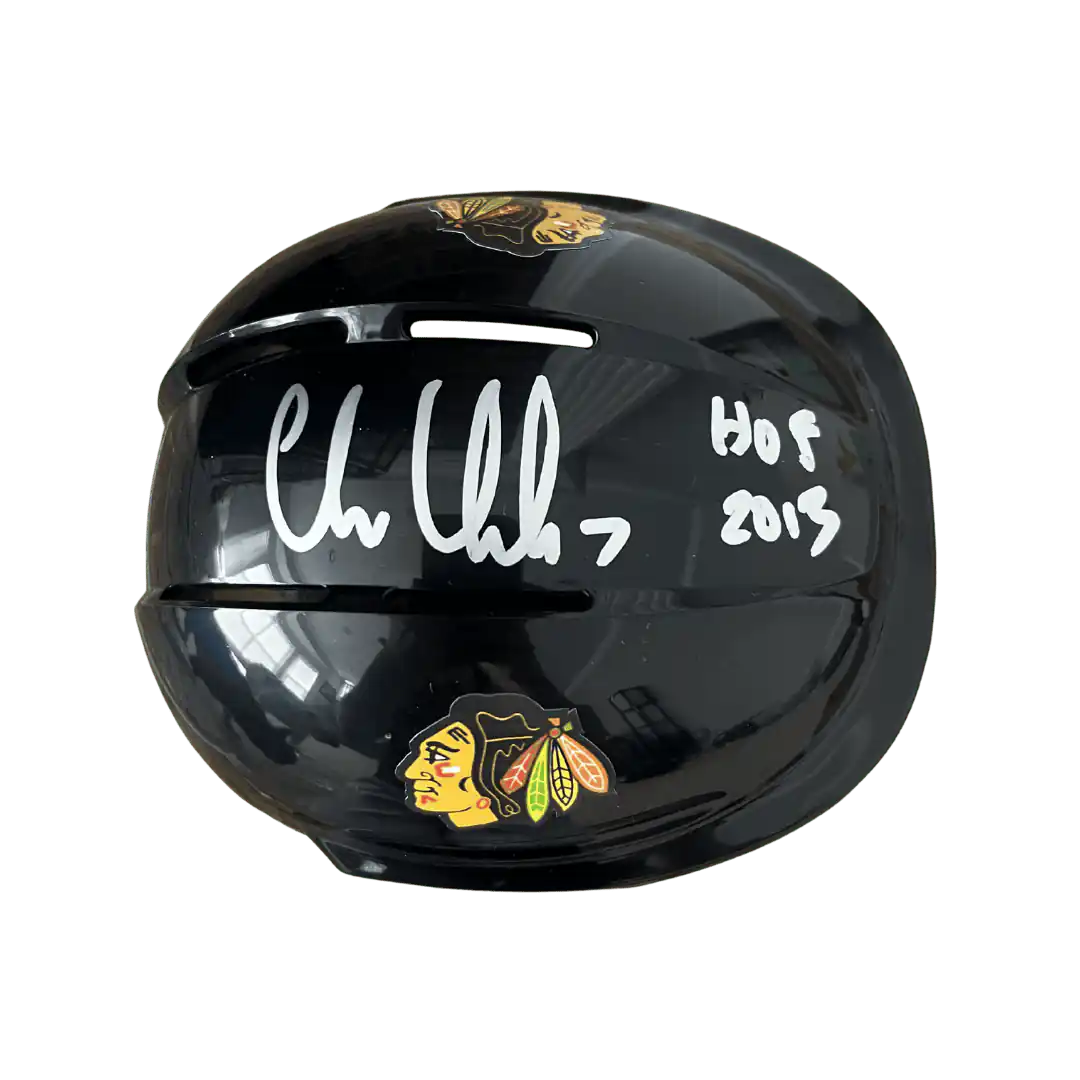 Chris Chelios Chicago Blackhawks Autographed Mini Replica Helmet with Inscription - Beckett COA