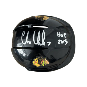 Chris Chelios Chicago Blackhawks Autographed Mini Replica Helmet with Inscription - Beckett COA