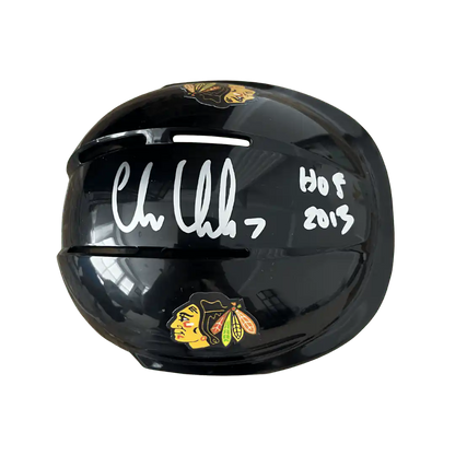 Chris Chelios Chicago Blackhawks Autographed Mini Replica Helmet with Inscription - Beckett COA