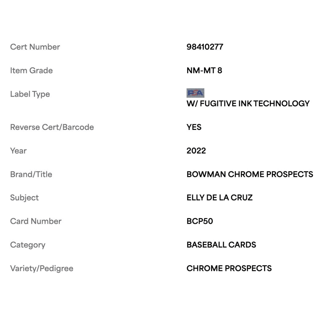 Elly De La Cruz PSA 8 2022 Topps Bowman Chrome Prospects Card #BCP50