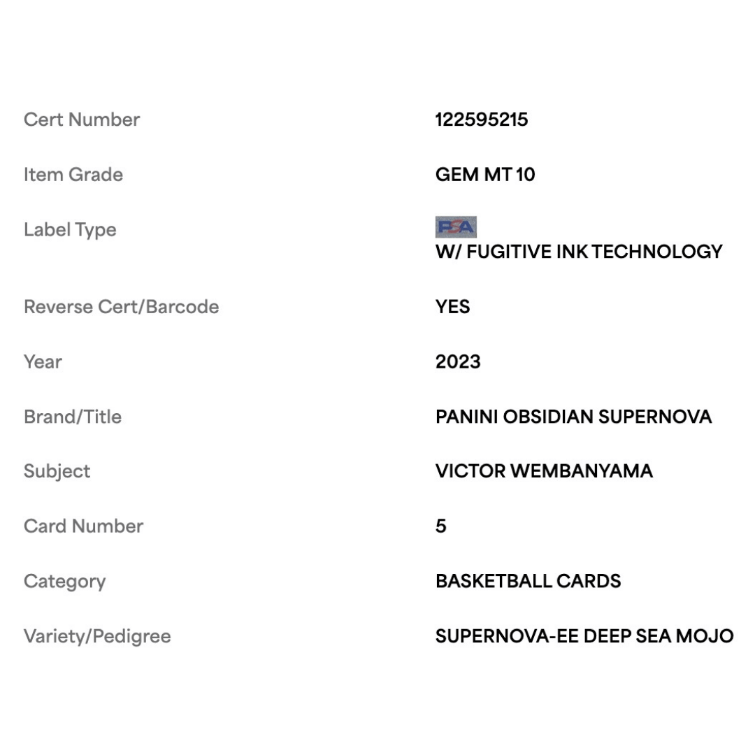 Victor Wembanyama PSA 10 2023 Panini Obsidian Supernova EE Deep Sea Mojo Rookie RC #d/ 5 Card #5