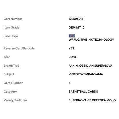 Victor Wembanyama PSA 10 2023 Panini Obsidian Supernova EE Deep Sea Mojo Rookie RC #d/ 5 Card #5