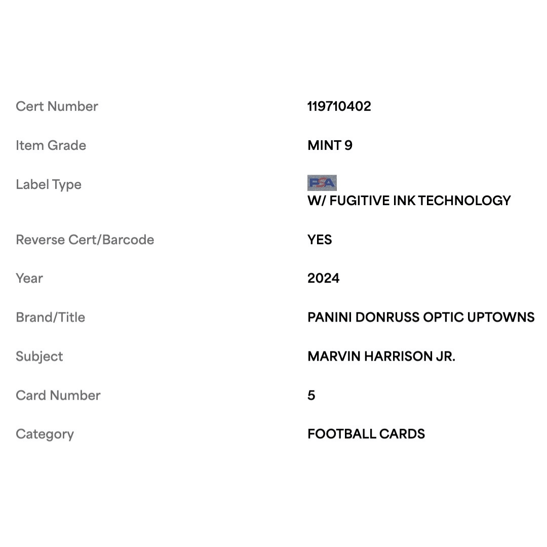 Marvin Harrison Jr PSA 9 2024 Panini Donruss Optic Uptowns Rookie RC Card #5