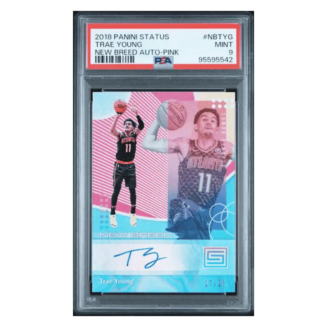 Trae Young PSA 9 2018 Panini Status New Breed Autograph Pink #d/ 25 Card #NBTYG