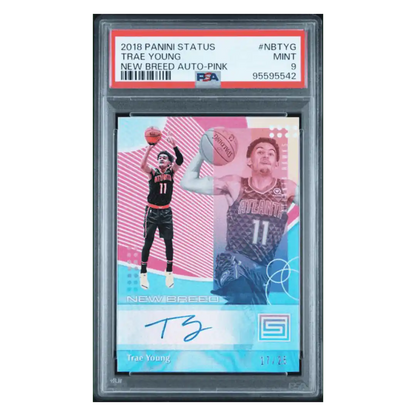 Trae Young PSA 9 2018 Panini Status New Breed Autograph Pink #d/ 25 Card #NBTYG