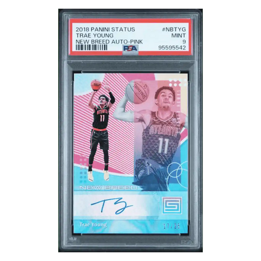 Trae Young PSA 9 2018 Panini Status New Breed Autograph Pink #d/ 25 Card #NBTYG