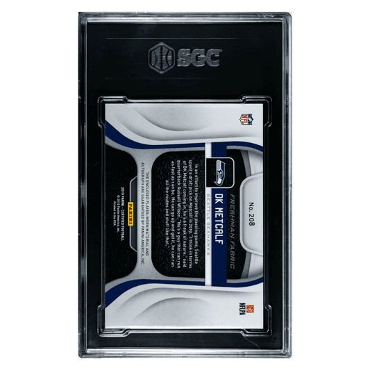 DK Metcalf SGC 9 2019 Panini Certified Freshman Fabric Patch Autographed Rookie RC #d/ 399 Card #208