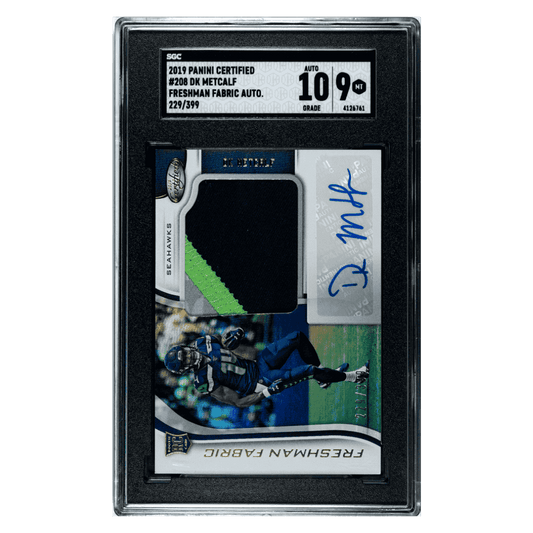 DK Metcalf SGC 9 2019 Panini Certified Freshman Fabric Patch Autographed Rookie RC #d/ 399 Card #208