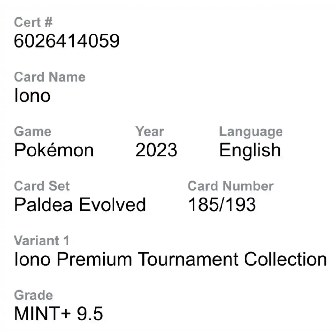 Iono CGC 9.5 2023 Pokemon Paldea Evolved Iono Premium Tournament Collection Card #185/193